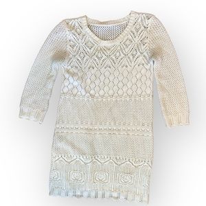 Crochet Dress Knit Netted Cover Up Cream Sleeve Beachy‎ Sz Small 3/4 Sleeve Boho